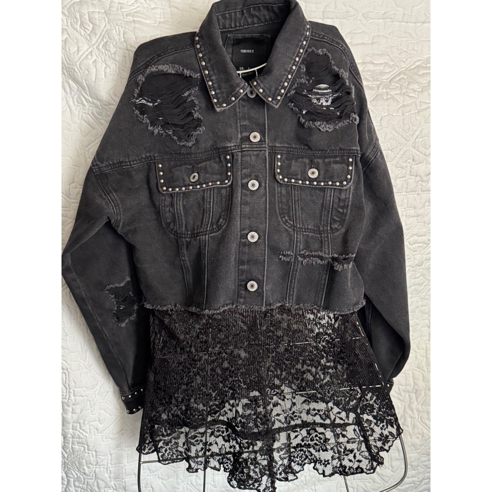 Forever 21 Black Distressed Denim Jacket Studded Sequin Lace Hem Punk Rock Small